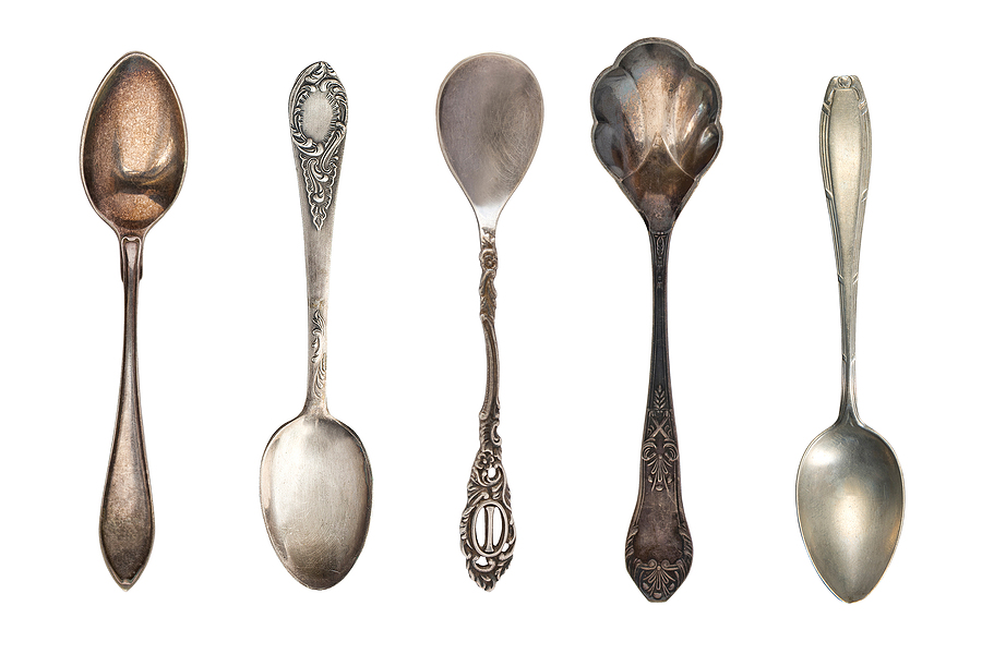 Beautiful Old Silver Spoons Isolated On White. Retro Silverware.