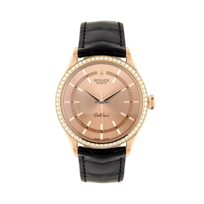 Rose coloured Rolex watchface with black leather band