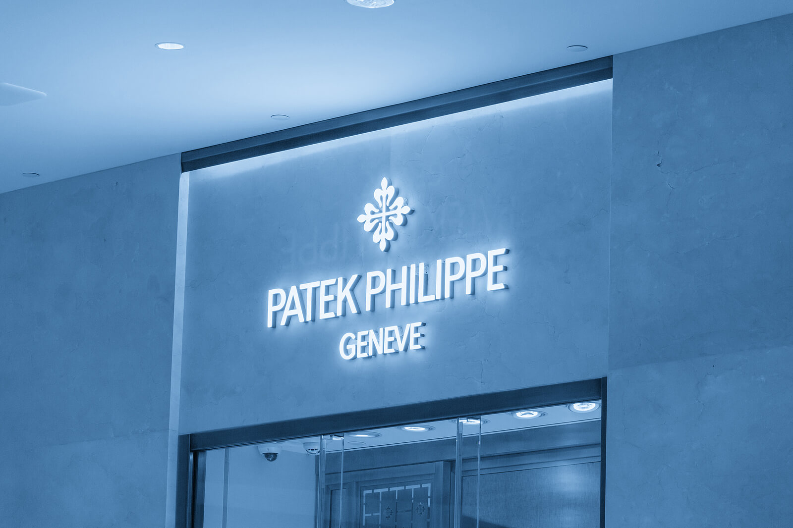 patek philippe store front logo, blue tone